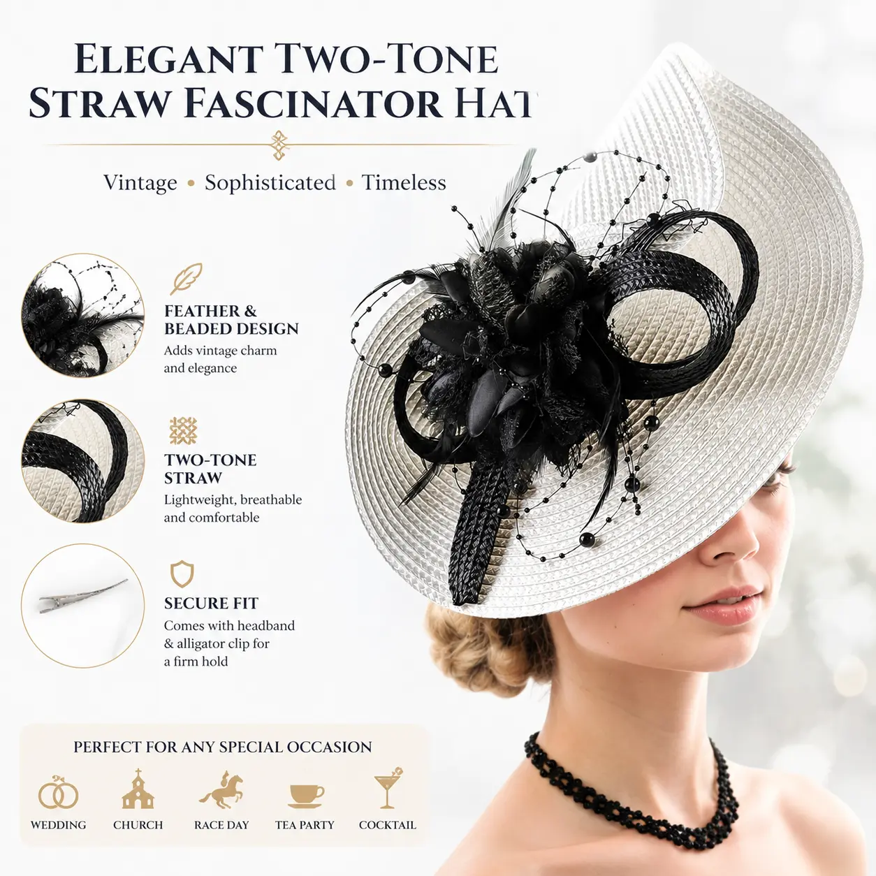 Elegant Two-tone Straw Fascinator Hat For Women, Vintage Feather Beaded Floral Pillbox Headpiece, Formal Wide Brim Cocktail Tea Party Hat For Wedding Church Race Day Bridal Event Headwear