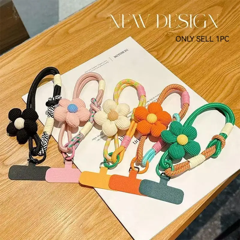 Dopamine short rope phone hanger strap, wrist strap, colorful card keychain, anti-loss, cartoon-style, cute flower design, phone strap, Phone Strap Holder, Phone Accessory