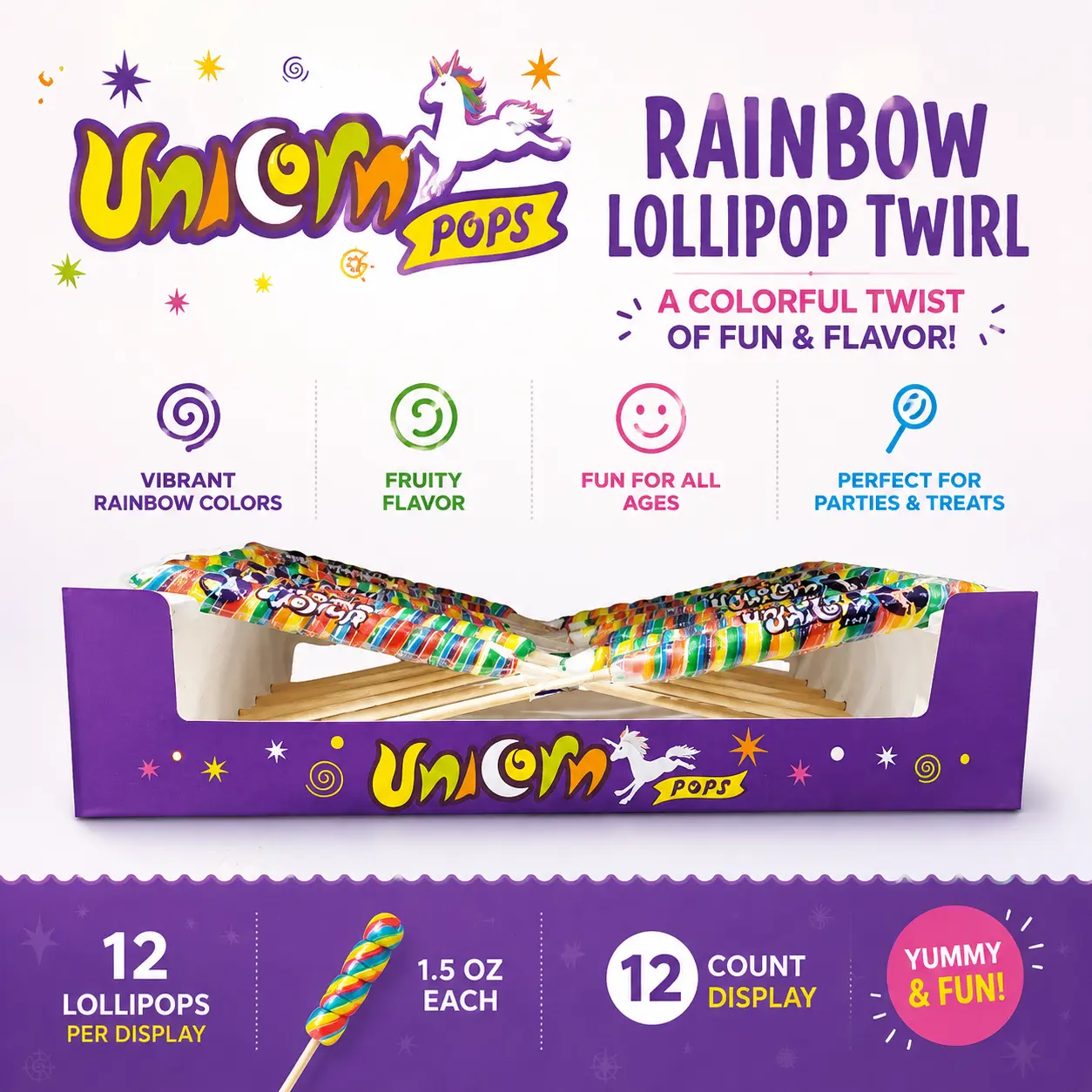 Unicorn Pop Rainbow Lollipop Twirl 1.5 oz 12 Count Colorful Swirl Candy Pops
