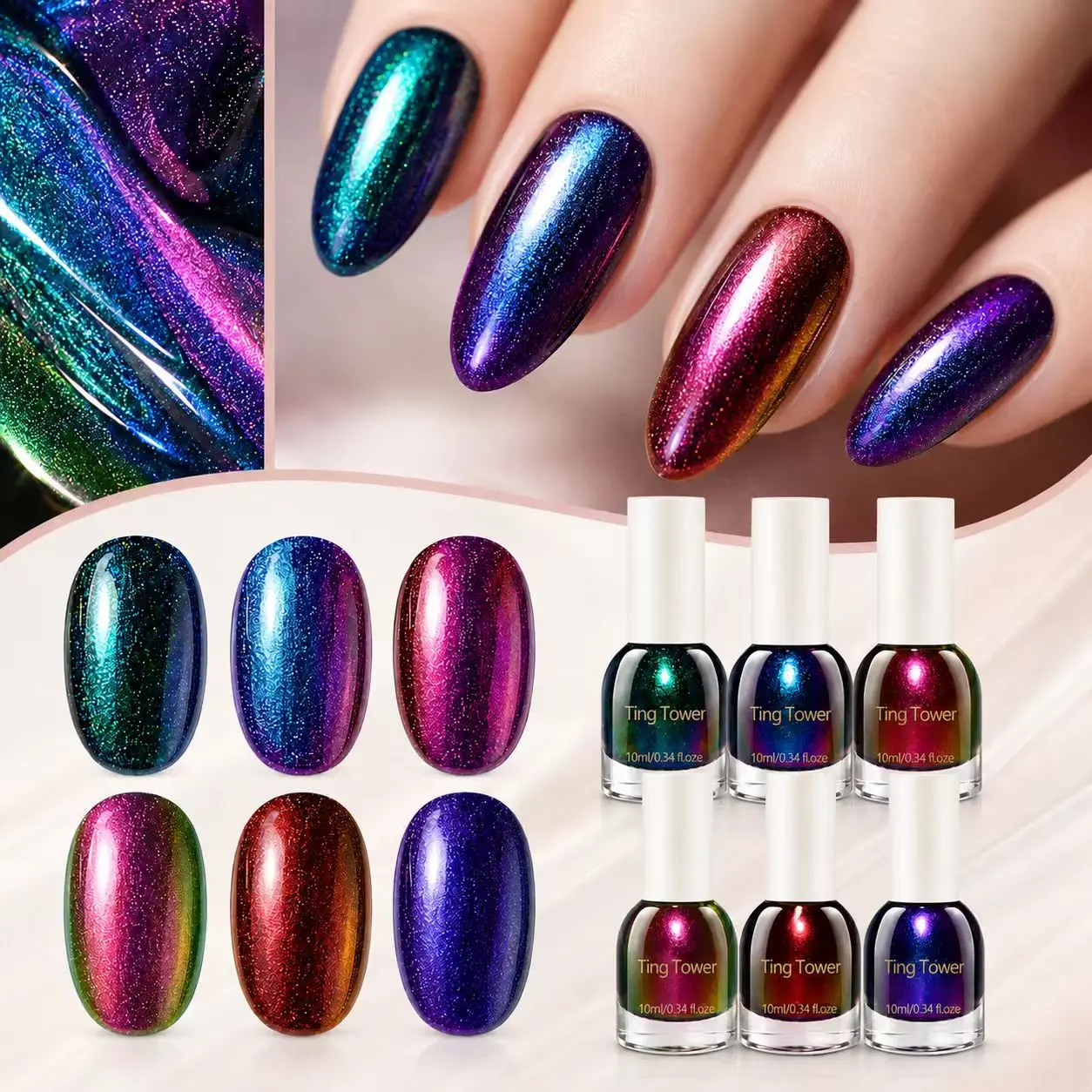 6-Color Chameleon Nail Polish Set, Multicolor Shifting Glitter High-Gloss Lacquer for Galaxy Art and Home Manicure, Fingernails Toenails, Manicure Kits
