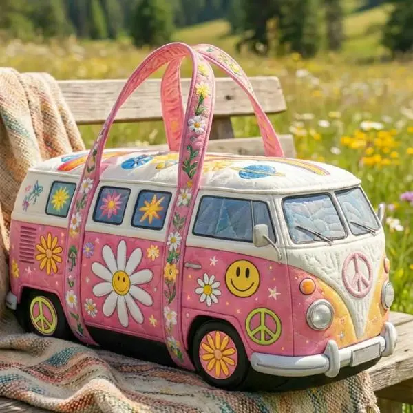Hippie Van Quilted Travel Duffle Bag - Pink Retro Bus withSmiley & Daisy Floral Design, Soft Patchwork Travel Bag,Perfect for Adventure, Quilted Fun Travel Bag,