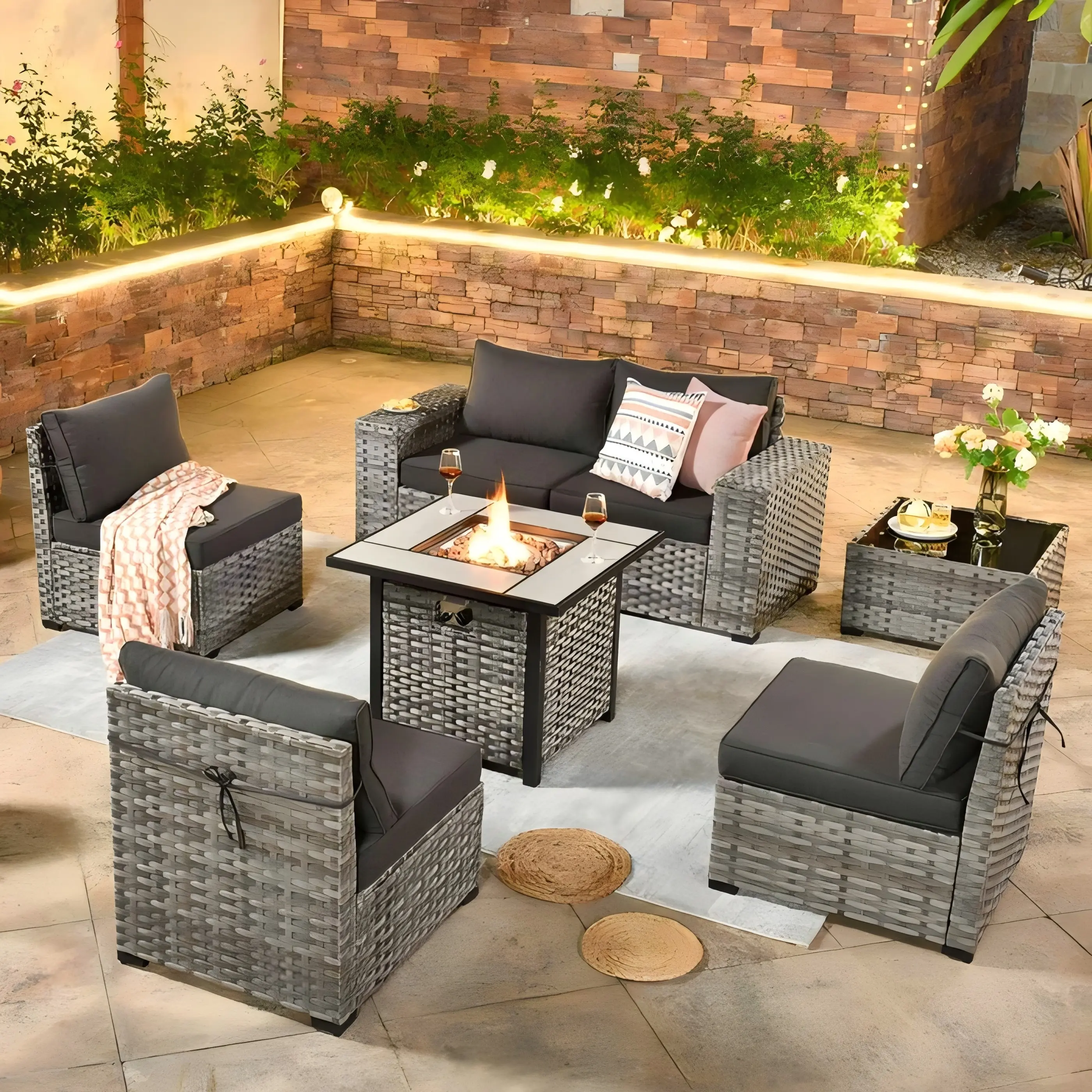 【Summerfinds】Ovios 7-Piece Outdoor Patio Furniture with 7.68'' Broad Handrails & 30'' Fire Pit Table, All-Weather Wicker Conversation Set with Cushions for Backyard Patio Porch Deck Garden Balcony Outdoor Seating