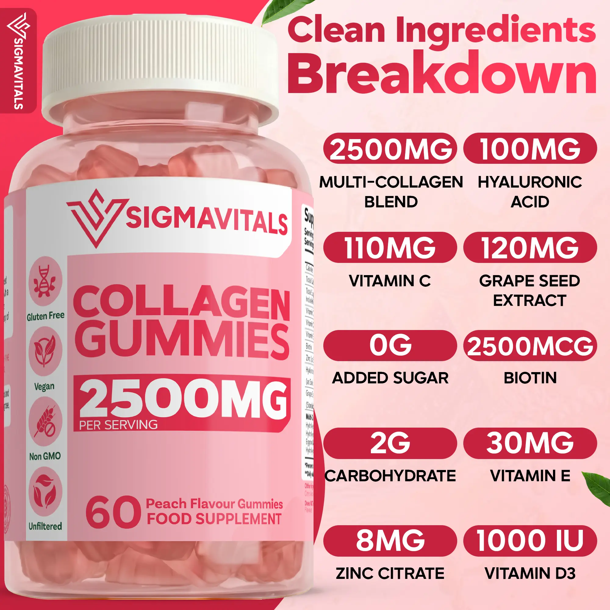 Sigma Vitals Collagen Gummies Peach Flavor 2500mg for Women & Men ...