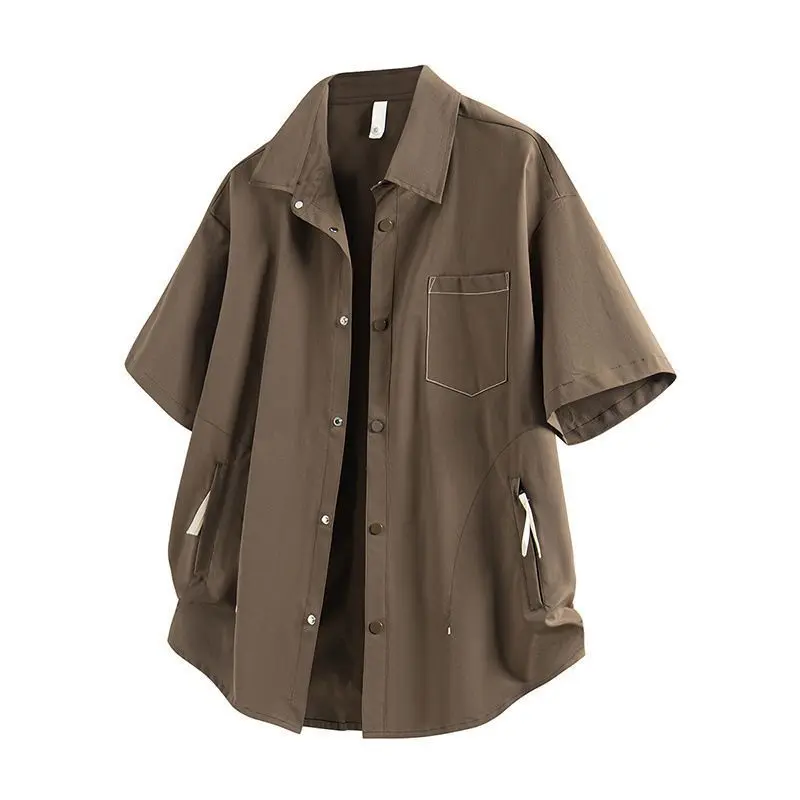 Men's Summer Stitched Pocket Lapel Short Sleeve Shirt, Wrinkle Resistant Easy Care Casual Blouse With Side Zipper Pockets For Street Travel Students Daily Commute#SummerWins