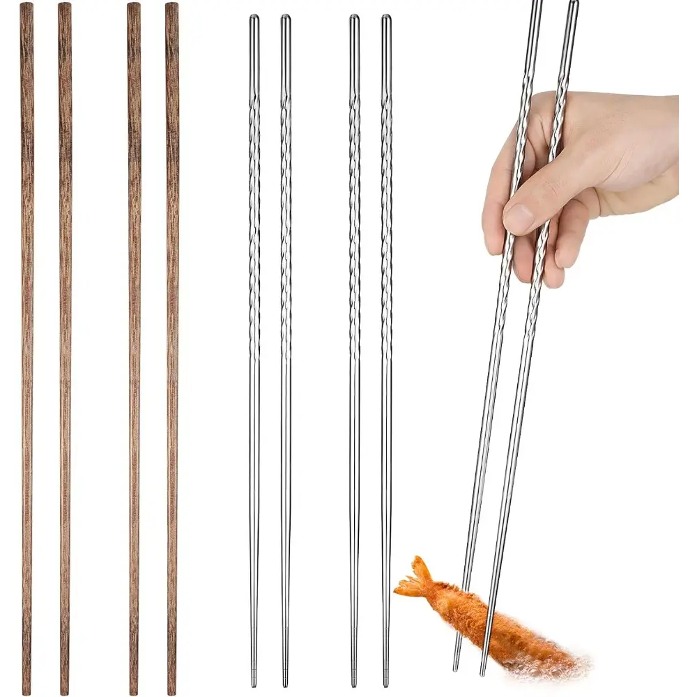 4-Pair Long Length Cooking Chopsticks Set - 15.3in & 16.5in Stainless Steel & Wooden Cutlery, Non-Slip Threads, Rounded Tails, Grooved Ends, Reusable Washable Sturdy, Ideal for Kitchen Frying, Hot Pot, Friends & Family Gatherings (Silver, Wood Color)