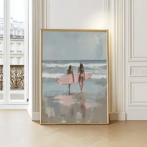 Surf Girls Wall Art Print, Beach Vibe Poster,Surfing Wall Decor for Summer Lovers,Beach House, Girlfriends Gift, Pink Surfboard Beach Poster