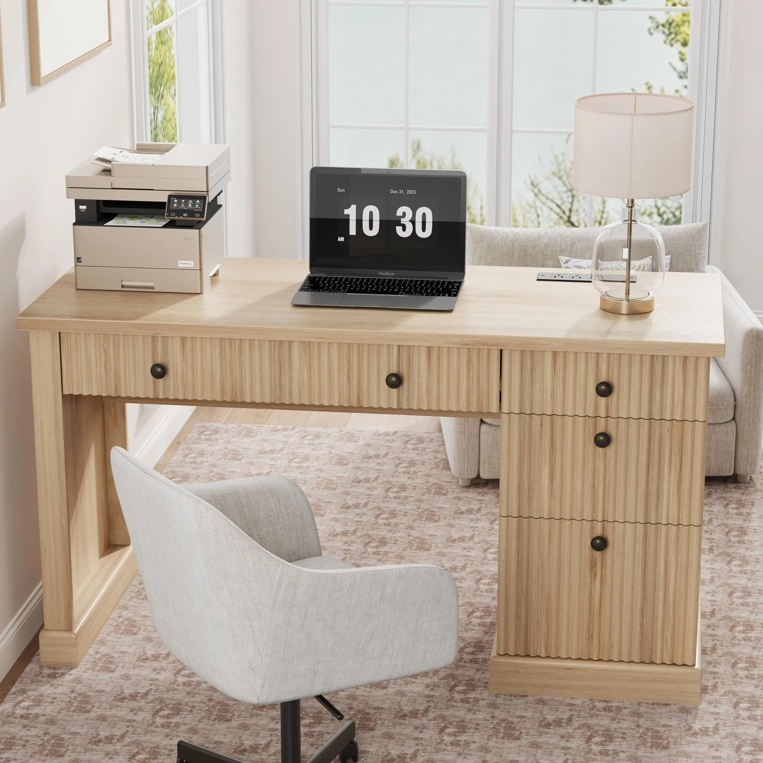 Garvee 54"  Home Office Desk, Fluted Executive Desk with File Drawers, Wooden Computer Desk with Charging Station for Study Room-Burlywood