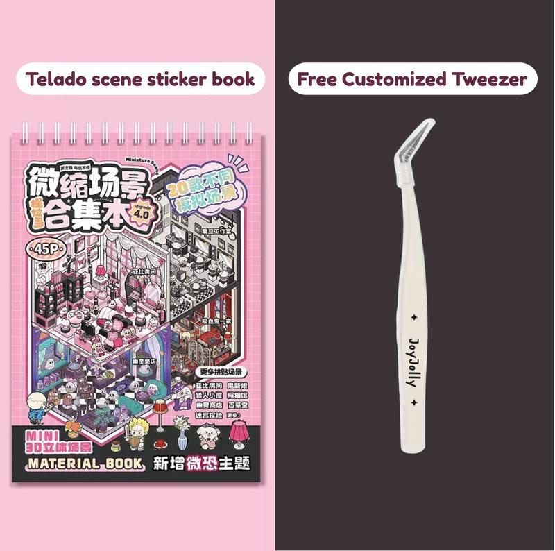 [Free Tweezers] Miniature Scene Collection Book - 45pcs 3D Stacking Plastic Stickers Reusable Cartoon House & Garden Decor Self Adhesive Mixed Colors for DIY Crafts Scrapbooking and Playful Home Decor