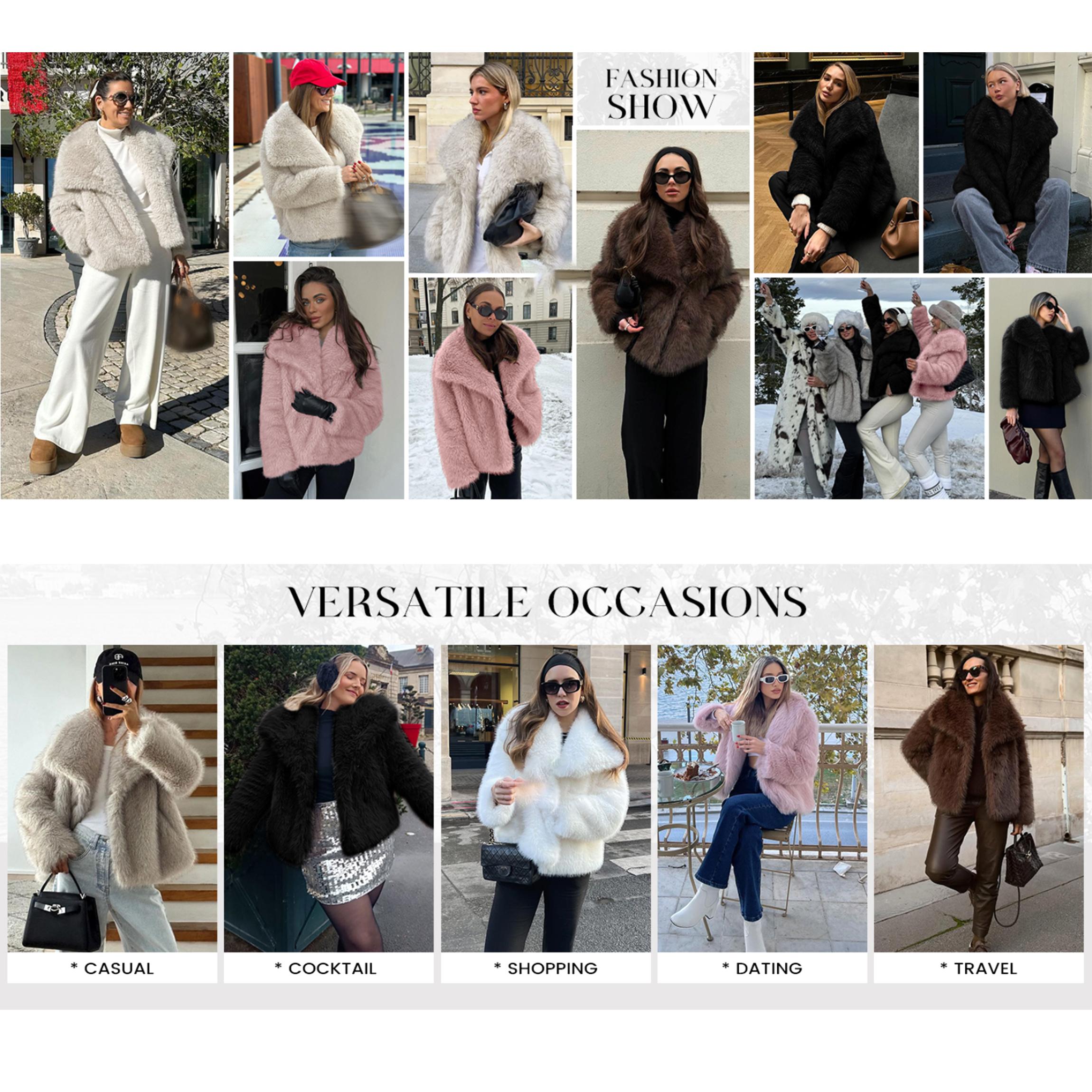 Buenoble Women's Brown Faux Fur Coat Winter Fluffy Short Jacket Warm Fuzzy Oversized Outwear Top Shaggy Collar Full Lining Short Jacket with Side Pockets SpringStatements