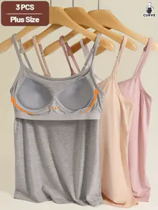 A Set of Three Plus-Size Women'S Soft And Comfortable Stretchy Camisoles with Built-In Padding, The Need for a Bra; Stylish And Versatile for Layering Or Wearing Alone Fabric Womenswear Crew Neck Crew Neck Fit Knit Medium Skinny Solid Strapless Tops