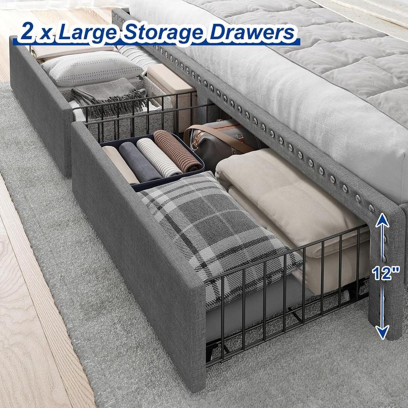 Bed Frame with Headboard and Storage, MATTRESS NOT INCLUDED OR OFFERED, Upholstered  Bed Frame with Storage, 2 Drawers,, NO Noise, No Box Spring Needed