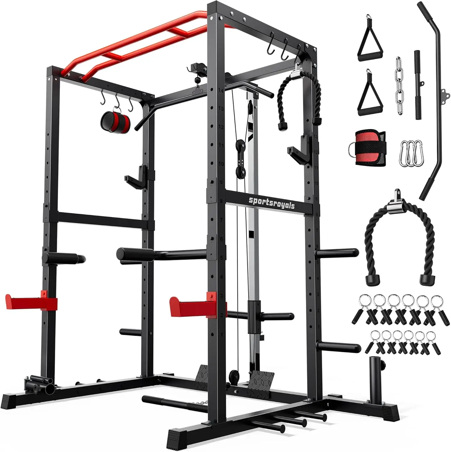 FED Fitness Sportsroyals Series RK2 Steel Power Rack - Unisex Adjustable Squat Rack with LAT Pulldown System, Pulley, Dip Bars, Training Attachments, Home Workout Station Fitness Equipment for Strength Training, At-Home Gym Equipment for Glutes, Powerlift