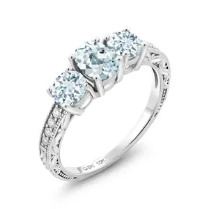 Gem Stone King 10K White Gold Gemstone Birthstone and Lab Grown Diamond 3-Stone Engagement Ring | Oval 7X5MM and Round 5MM | Three Stone Wedding Anniversary Promise Ring For Women