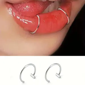 2Pcs Cyberpunk Non-Piercing Lip Rings, Black & Silver Matte Finish with Gear Detailing, Futuristic Jewelry for Tech Parties & Cosplay