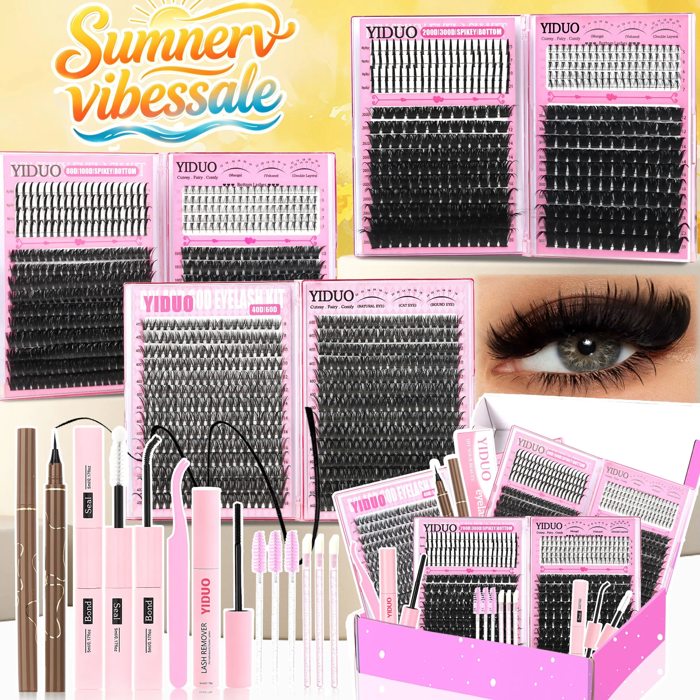 Eyelash Cluster Kit Bottom/Spiky/40D/60D/80D/100D/200D/300D 1520Pcs Volume Lash Clusters Kit 5-20mm Volume D-Curvatur Eyelash Extensions Kit with Lash Bond and Seal Tweezers Remover Eyeliner Pencil Eyelash Brush Eyelashes Extension Set DIY at Home Easily