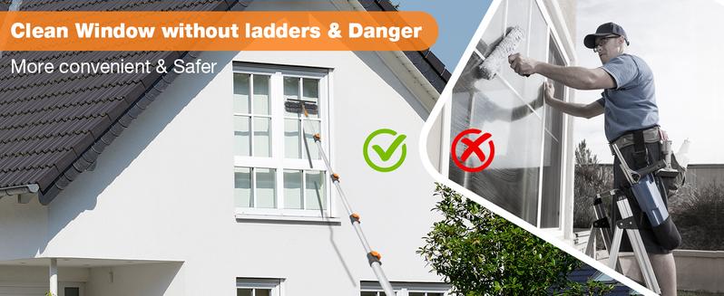 Adjustable Window Squeegee with 5-20ft Telescopic Pole 14" Oversized Head 2-in-1 Cleaning Kit for High Windows Glass RV Orange