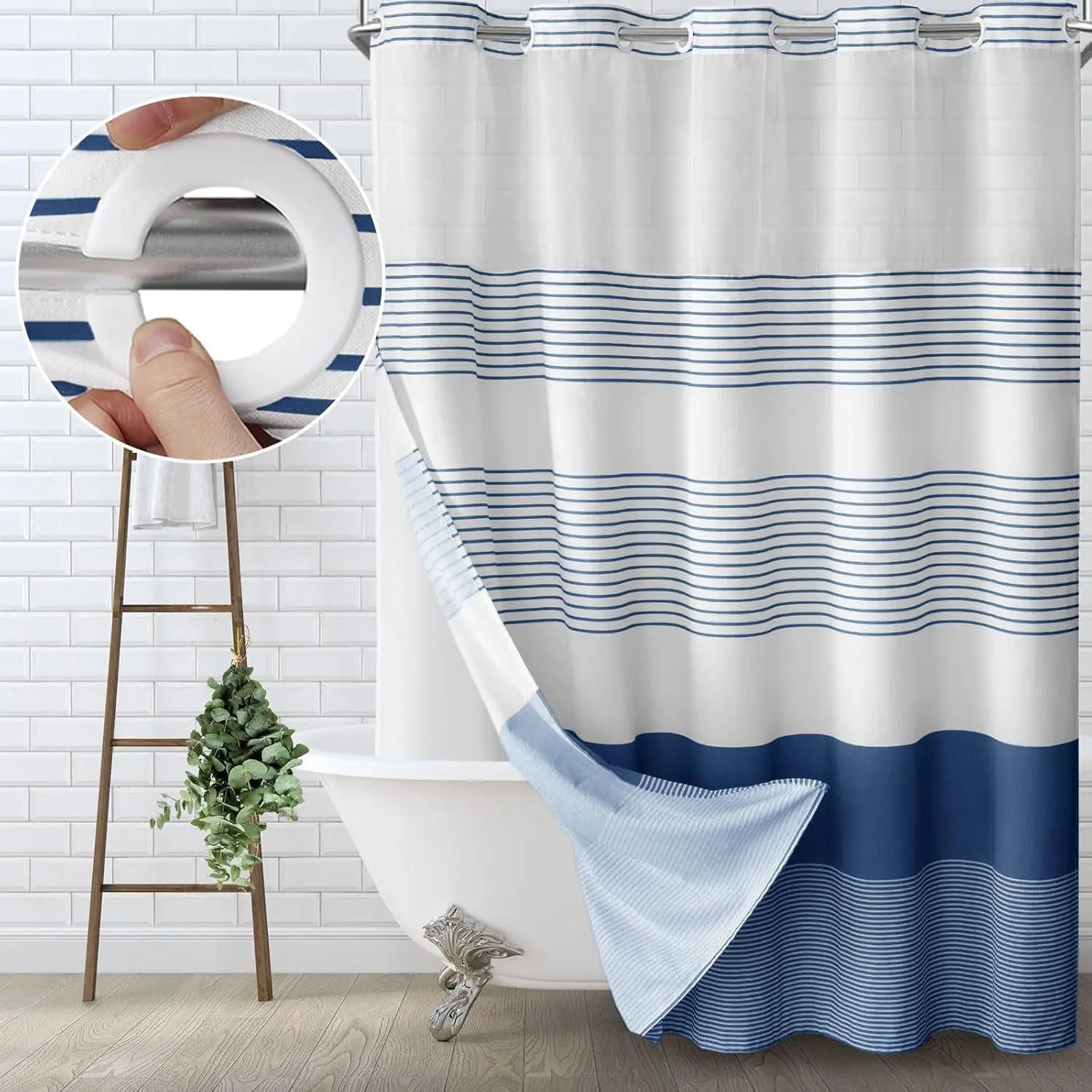 Blue Striped Geometric Double-Layer No Hook Shower Curtain, Mesh Top Window, Hook-Free Design, Easy Installation, Farmhouse, Hotel, Modern Home Decoration, 72x75in