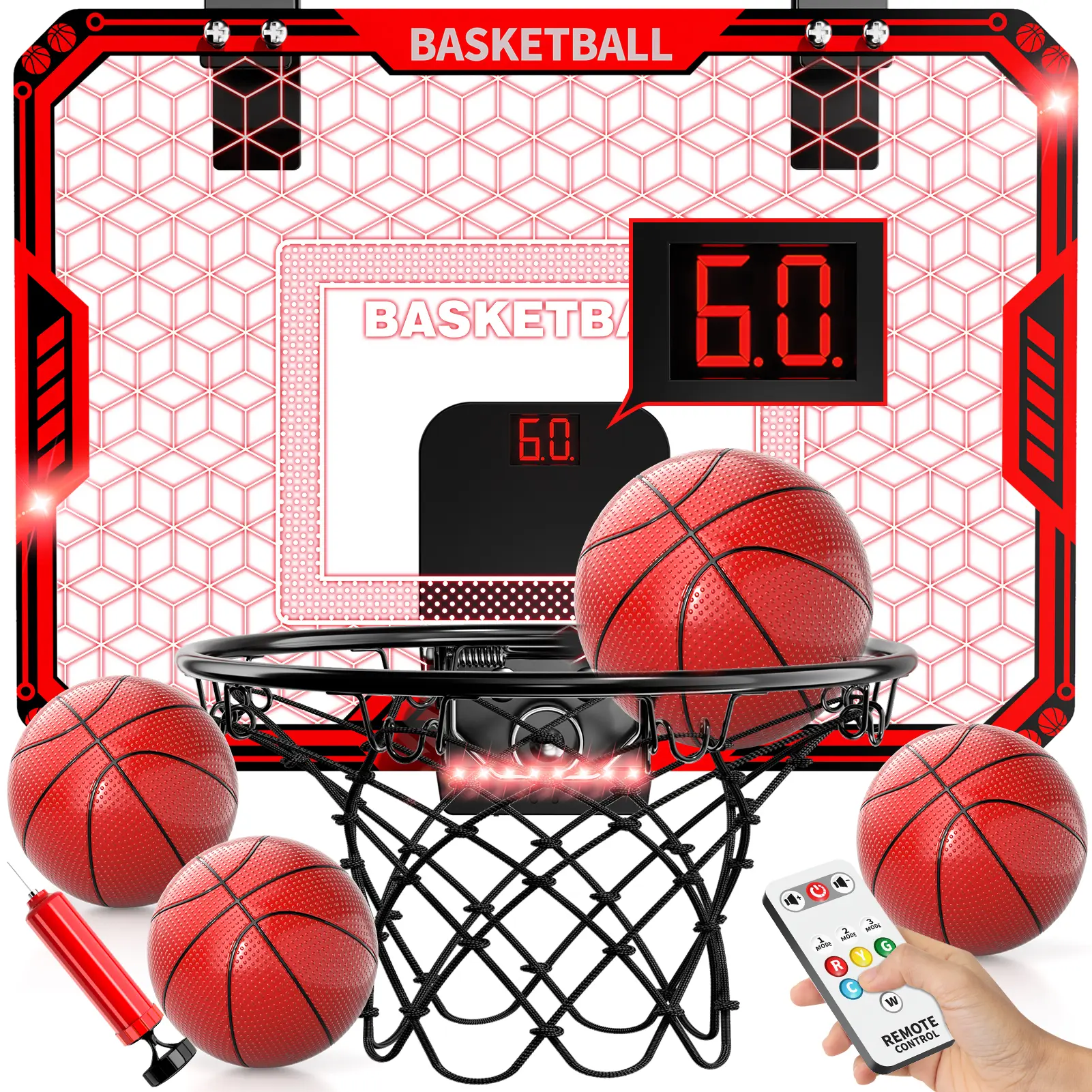 Foldable portable indoor and outdoor basketball set,wall-mounted door frame mini basketball hoop with electronic scoreboard,comes with 4 basketballs,birthday Valentine's Day,Father's Day gift for kids and adults,durable home bedroom office sports toy