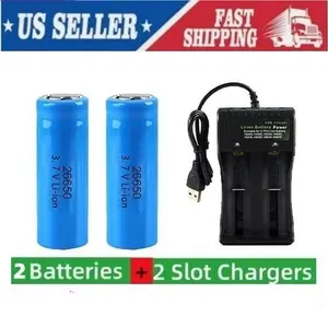 26650 Battery 3.7V Li-ion Rechargeable Batteries Lot with 2-Slot Smart Charger US Plug | High Capacity Long Lasting Power for Flashlight, Camping & Outdoor Devices