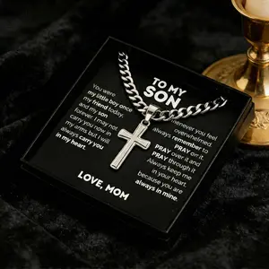 1pc To My Son Stainless Steel Cross Necklace from Mom, Perfect Gift for Men Boys, Inspirational Gift for Son Graduation Birthday Jewelry with Card and Gift Box Packaging, Faith & Strength Cross Pendant Chain