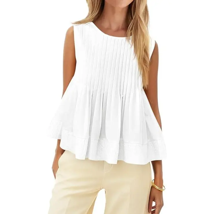 Cicy Bell Womens Pleated Babydoll Tank Tops Summer Peplum Sleeveless Cotton Blouses Loose Fit Flowy Shirts Casual Basic Crewneck Womenswear