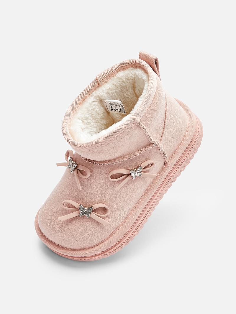 Balabala Girls' Fleece-Lined Suede Snow Boots - Warm Waterproof Anti-Slip Winter Short Boots with Bow Decoration & Anti-Bacterial Technology
