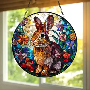 Colorful Bunny Stained Glass Suncatcher, Spring Rabbit Window Hanging, Floral Easter Sun Catcher Decor, Bunny Gift Ornament