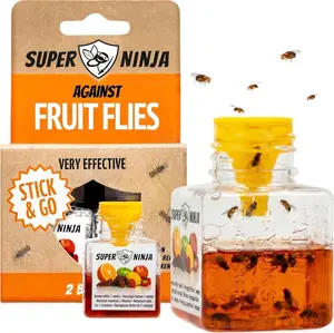 Super Ninja Fruit Fly Traps for Indoors - 2 Pack, Highly Effective Fruit Fly Catcher for Indoor Use for Home & Kitchen, Up to 3 Weeks of Performance per Bottle, Kid & Pet Friendly