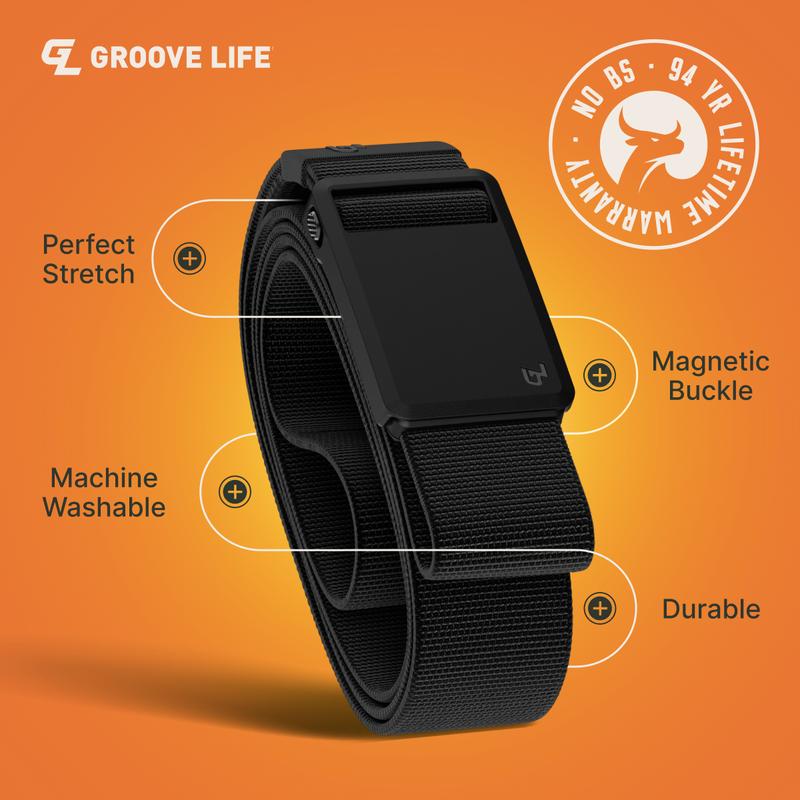 Groove Life Groove Belt Ultra - Black | Comfortable, Lightweight, Durable, Adjustable Stretch Belt for Men, Magnetic Curved Polymer Buckle, Machine Washable, Limited Lifetime Warranty