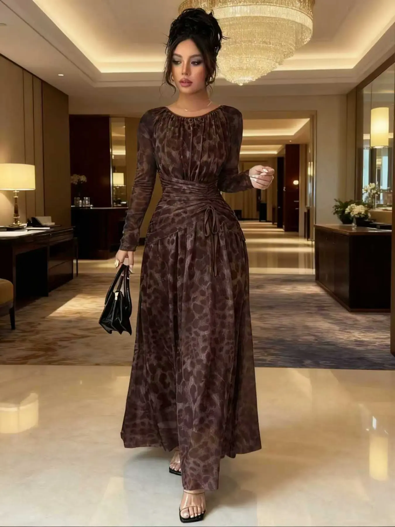Women's Fashion Mesh-Print Long Sleeves Bodycon Dress, Evening Party Dresses, Trendy Tight-Fitting Summer Gown, Stylish Comfortable and Elegant Design