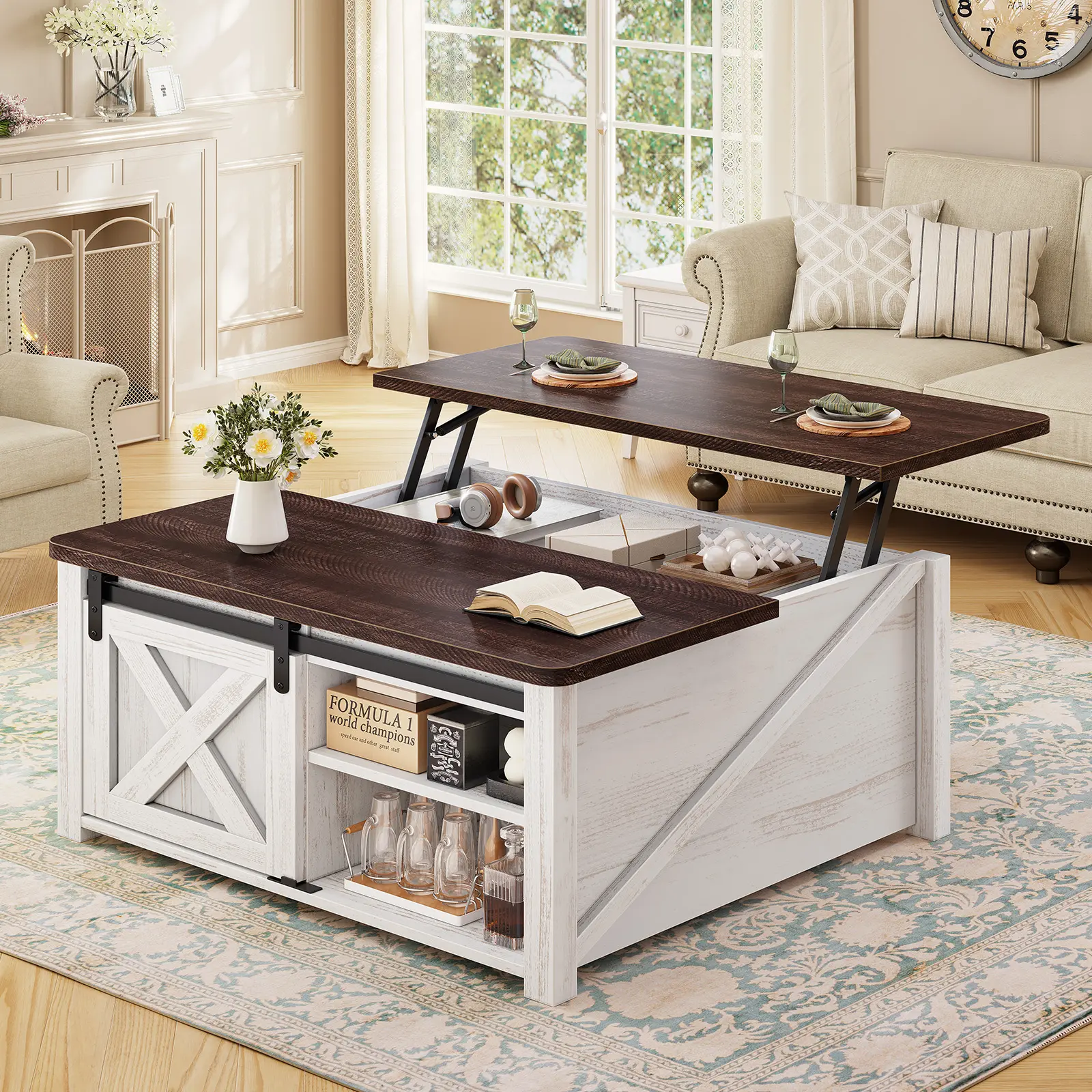 Sedeta 31.5-Inch Lift-Top Square Coffee Table - Wood & Pine Living Room Furniture with Adjustable Height, Foldable Worktop, Gas Struts, Storage Compartments, Modern Minimal Look for Modern Homes, Living Room Decor