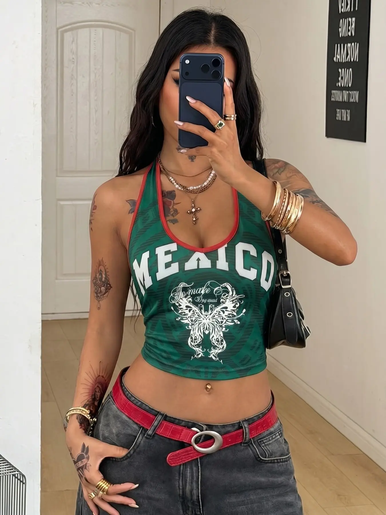 Green Mexico Butterfly Print Halter Crop Top Women, Retro Y2K V-Neck Slim-Fit Cropped Tank with Red Trim for Summer Streetwear Everyday
