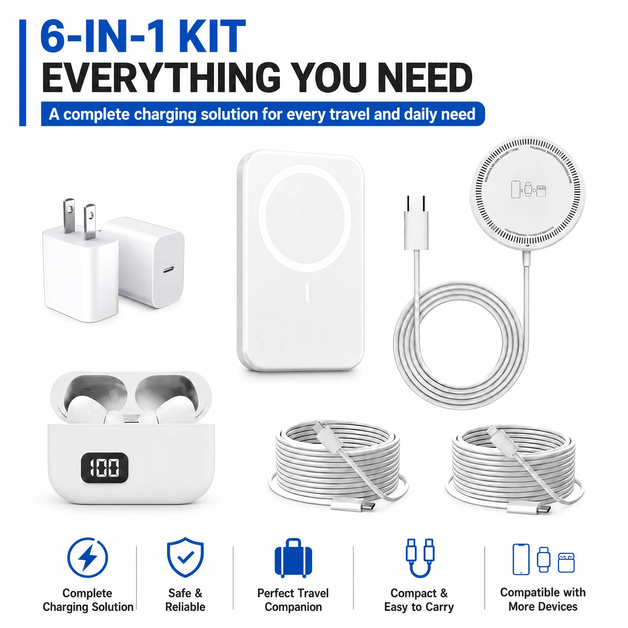 6-in-1 Tech Gift Charging Kit, 5000mAh Magnetic Wireless Power Bank with Wireless Earbuds, Wireless Charging Pad, USB-C & 8-Pin Cables, Wall Adapter and Magnetic Ring, Portable Travel Accessories Set for Compatible Mobile Devices
