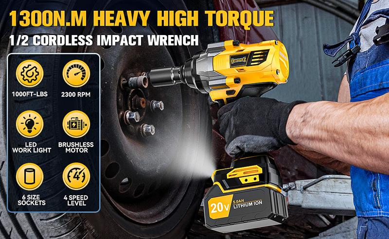 1000FT-LBS (1300N.m) Cordless 1/2" Impact Wrench with 1*Battery Compatible with Makita, Brushless Impact Gun with 6 Sockets, 2100RPM for Car & Truck