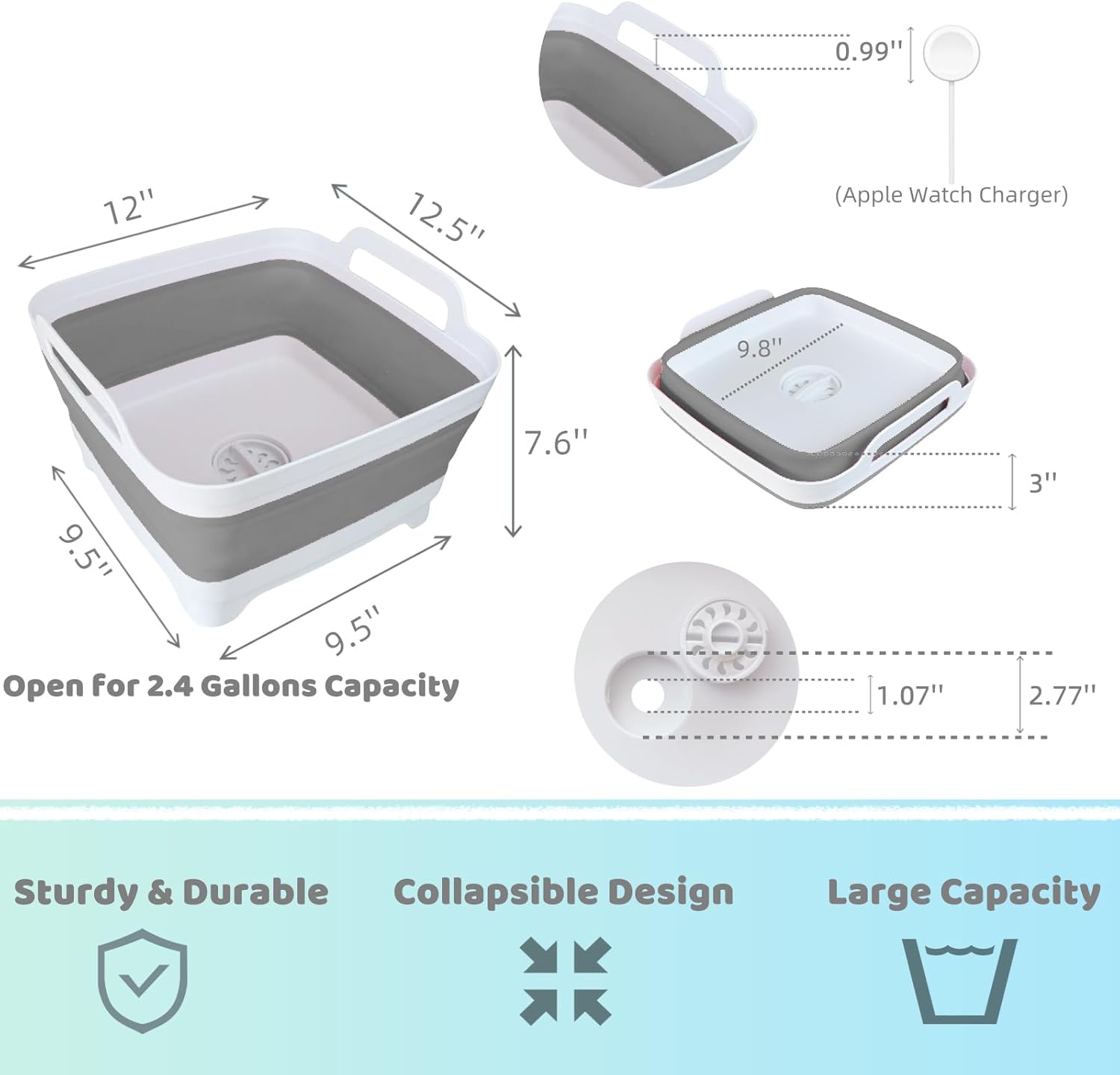 Collapsible Wash Basin for Bottles - 2.4 Gallons Portable Wash Bin for RV Camping Sink, Space-Saving Dish Tub (Gray)