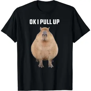 [100% Cotton] Cute Capybara Print T-Shirt With Funny OK I Pull Up Text.