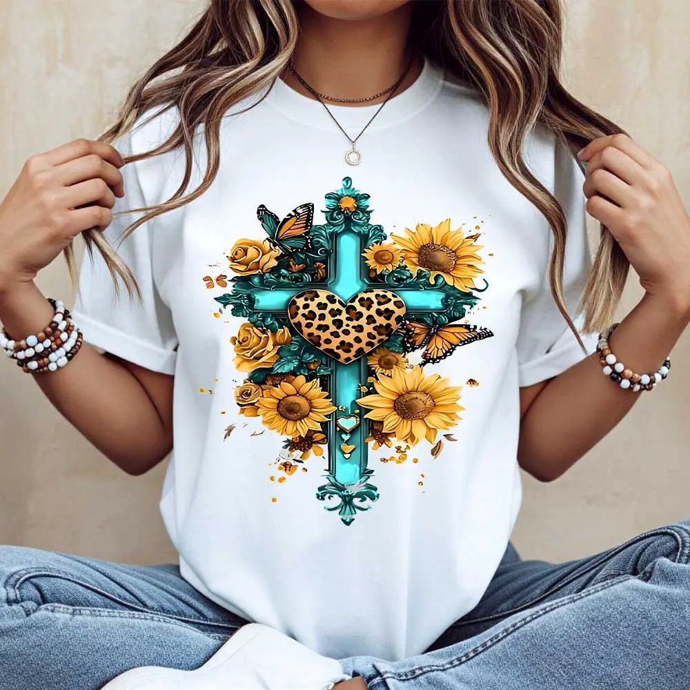 Cross With Sunflowers And Leopard Heart Print Tshirt Casual Short Sleeve Top For Women Daily Wear