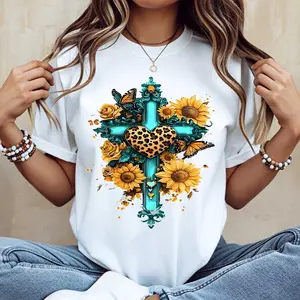 Cross With Sunflowers And Leopard Heart Print Tshirt Casual Short Sleeve Top For Women Daily Wear