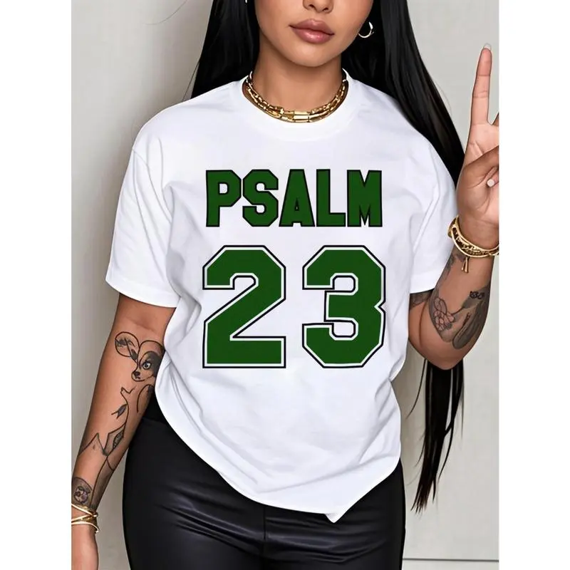 Women's Psalm 23 Jersey Premium T-Shirt - Casual short sleeve crew neck t-shirt with bold green lettering, soft and breathable fabric, perfect for holiday parties and gift giving