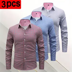 3-Pack Retro Checked Men's Long Sleeve Shirts - Versatile for Business and Leisure, Perfect for Spring and Autumn Slim-Fit Wrinkle-Proof Dress Casual Fashion Top Casual Stylish