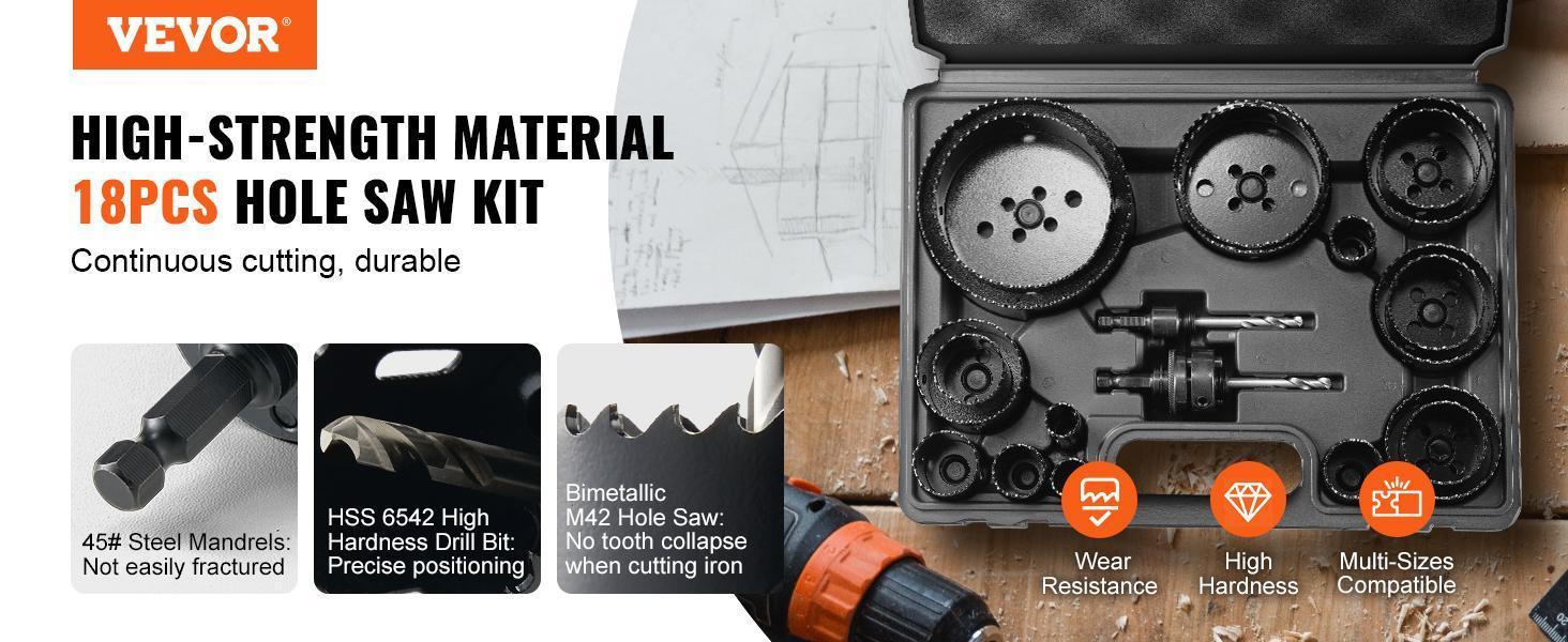 VEVOR Hole Saw Kit, TikTokShopBlackFriday, 18 PCS Saw Blades, 6 Drill Bits, 1 Hex Wrench, General Purpose Size from 3/4" to 4-1/2", Bi Metal M42 Hole Saw Set with Carrying Case, Ideal for Wood Board, Plastic and Iron Plate