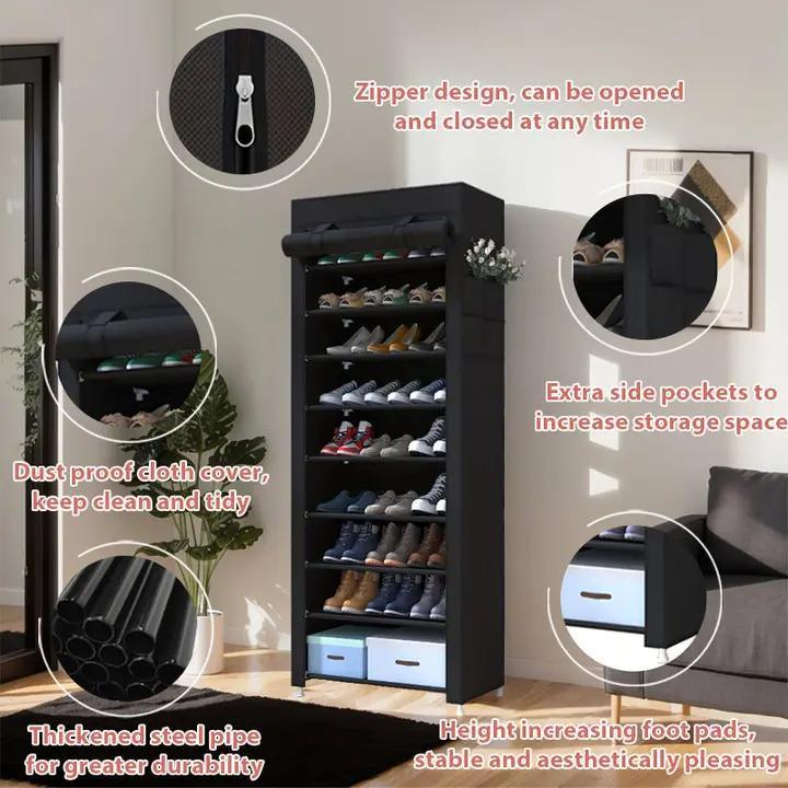 10 Tier Shoe Rack 9 Grids with Dustproof Cover, Adjustable Standing Shelf, Large Capacity Storage Rack, Dustproof Stackable, Freestanding Shoes Organizer, Plastic Metal, Black, Easy Installation