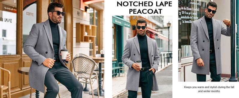 Runcati Mens Trench Coat Notched Lapel Double Breasted Mid Long Pea Coat Casual Fall Winter Classic Overcoat with Four Buttons and Structured Silhouette