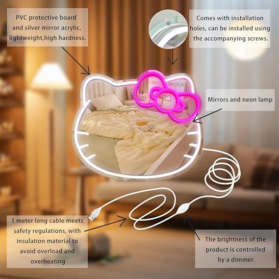 【FaddishDeal】Kitty face Home Decorative mirror ,Anime Neon Sign for Dresser, Locker Room,Living Room, Neon，Light up Acrylic Mirror with Dimmable Interior Led Pastel，