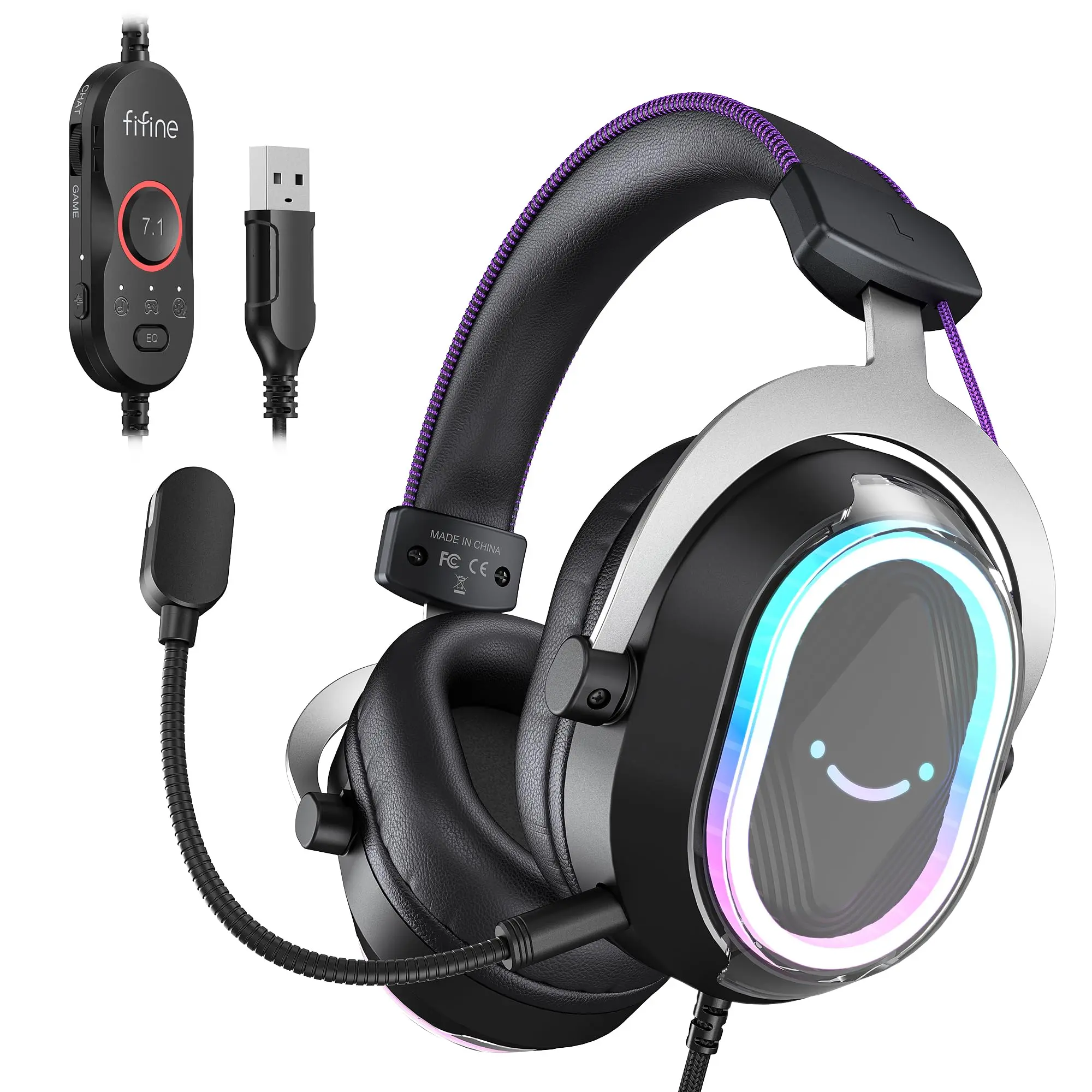 fifine H13 USB Gaming Headset - 7.1 Surround Sound Headphones, Game Peripherals with Mic, Vibrant RGB Lighting, Ergonomic Ear Pads, Control Box - Gamer Stuff for PC, PS5/PS4, Laptop, Mac - Content Creator Headset for Gaming, fifine AmpliGame H13