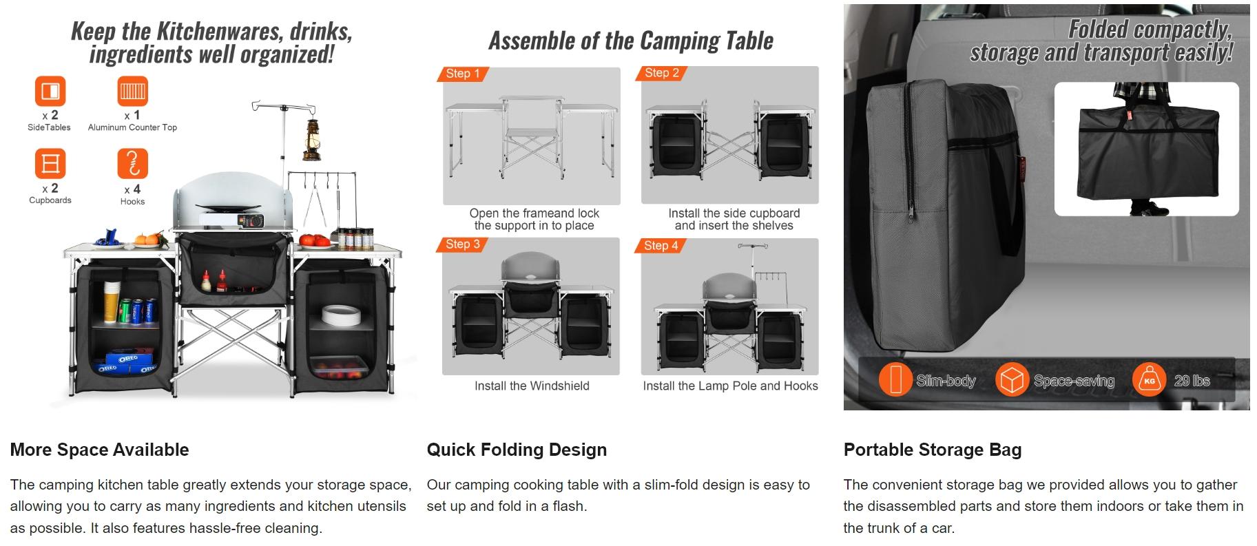 VEVOR Camping Kitchen Table, TikTokShopBlackFriday, Folding Outdoor Cooking Table with Storage Carrying Bag, Aluminum Cook Station 3 Cupboard & Detachable Windscreen, Quick Set-up for Picnics, BBQ, RV Traveling