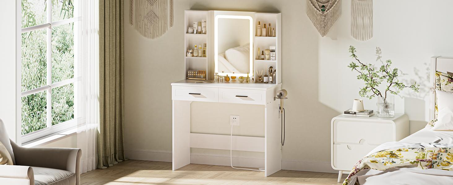 HOMMPA Vanity Desk with Mirror and Lights 35.4“W Makeup Desk with Drawers Vanity Table with 3 Color Lighted Mirror Makeup Table with Charging Station Modern Dressing Table for Bedroom White