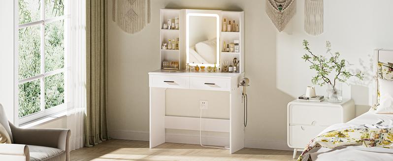 HOMMPA Vanity Desk with Mirror and Lights 35.4“W Makeup Desk with Drawers Vanity Table with 3 Color Lighted Mirror Makeup Table with Charging Station Modern Dressing Table for Bedroom White