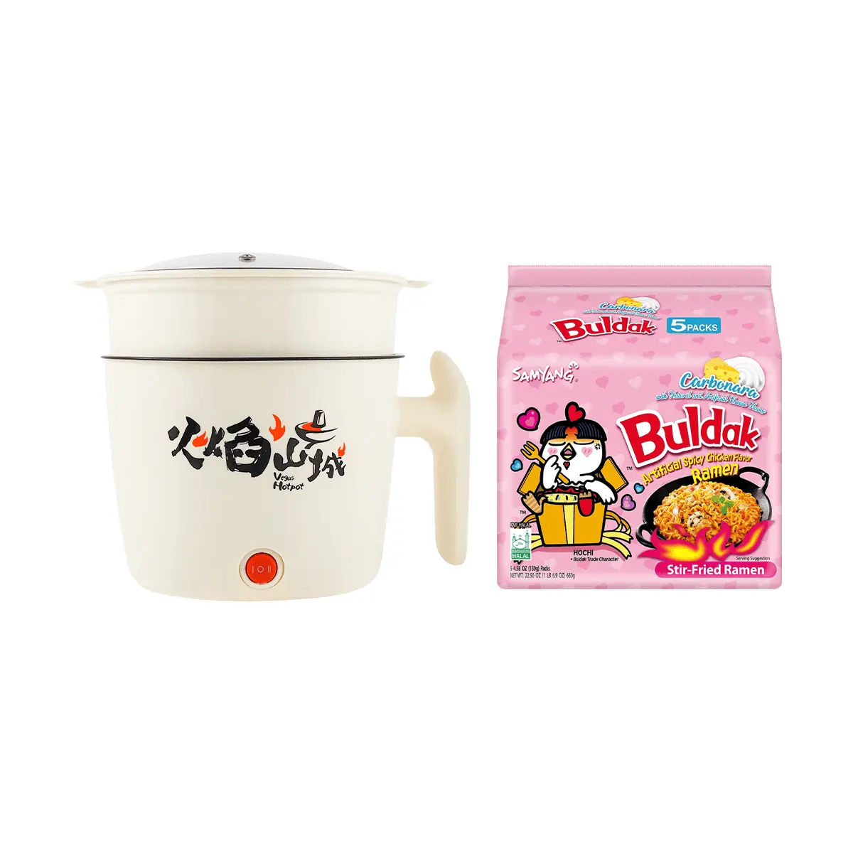 Samyang Buldak Creamy Cheese Hot Chicken Ramen Noodles Pink 5 Packs (650g) + Portable Electric Hot Pot (18cm, Random Color) - Korean Spicy Instant Noodle Meal Kit