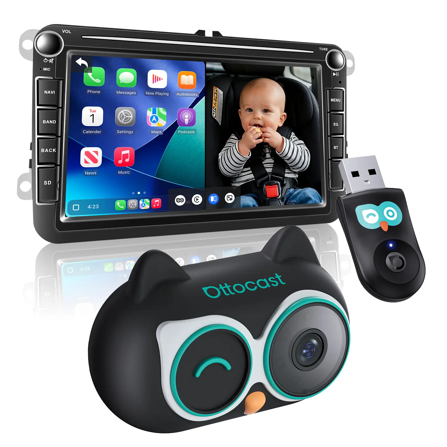 OTTOCAST Baby Car Camera &Wireless CarPlay Adapter,1080P HD Rear Seat Monitor Display on Car Screen,150°Wide Angle No-Glow Night View, Safety for Kids & Infants